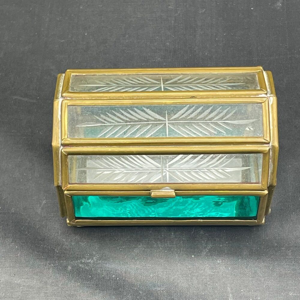 Vintage Brass and Glass Hinged Mirrored Trinket Box Etched Lid Panels